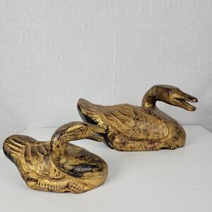 Vintage Carved Italian Wood Ducks Gold Brown 12" 8" Statues‎ 1960s Gilded Large
